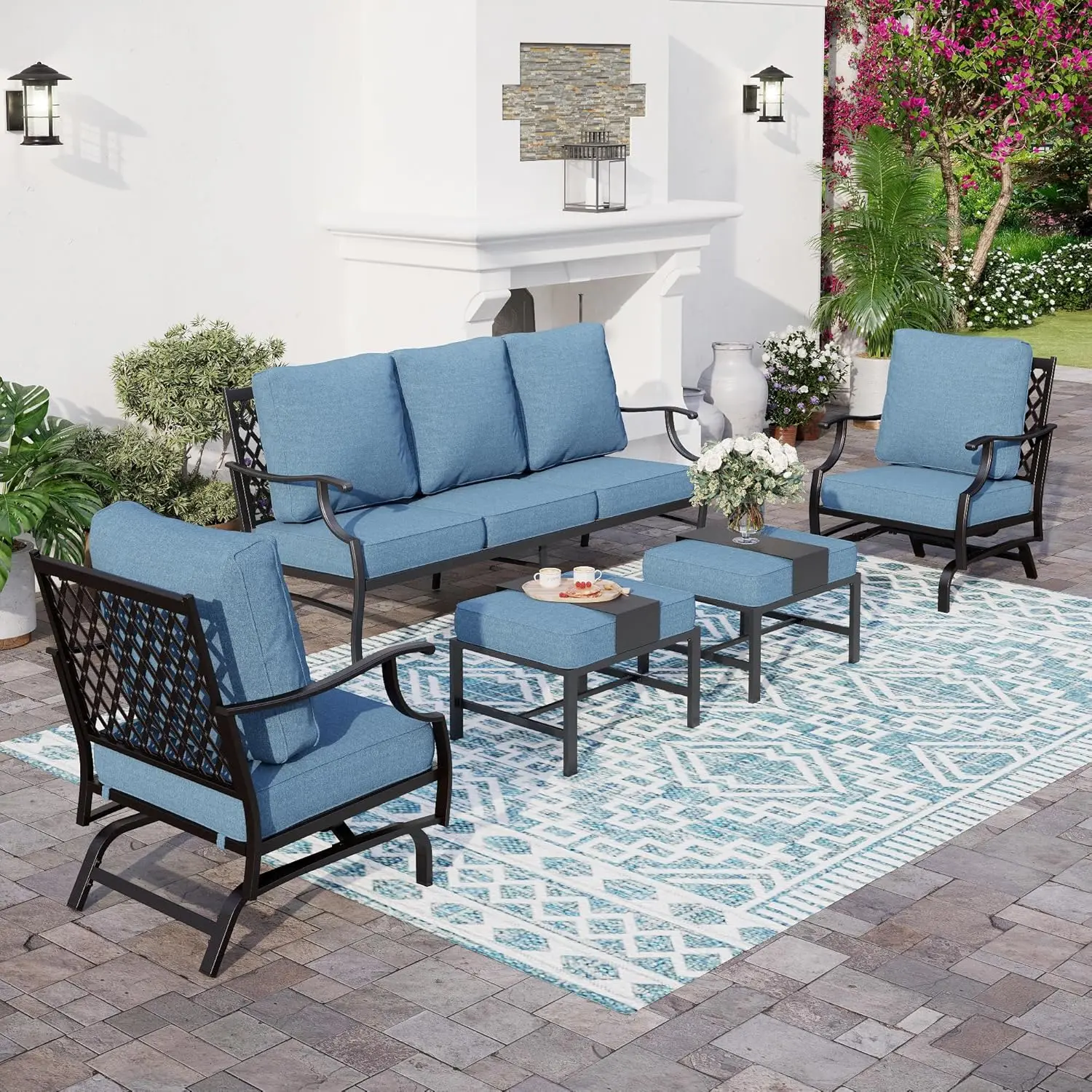 5 Piece Metal Outdoor Patio Furniture Set, Patio Conversation Sets 3-seater Sofa, 2 Rocking Chair, 2 Ottomans with 5.75