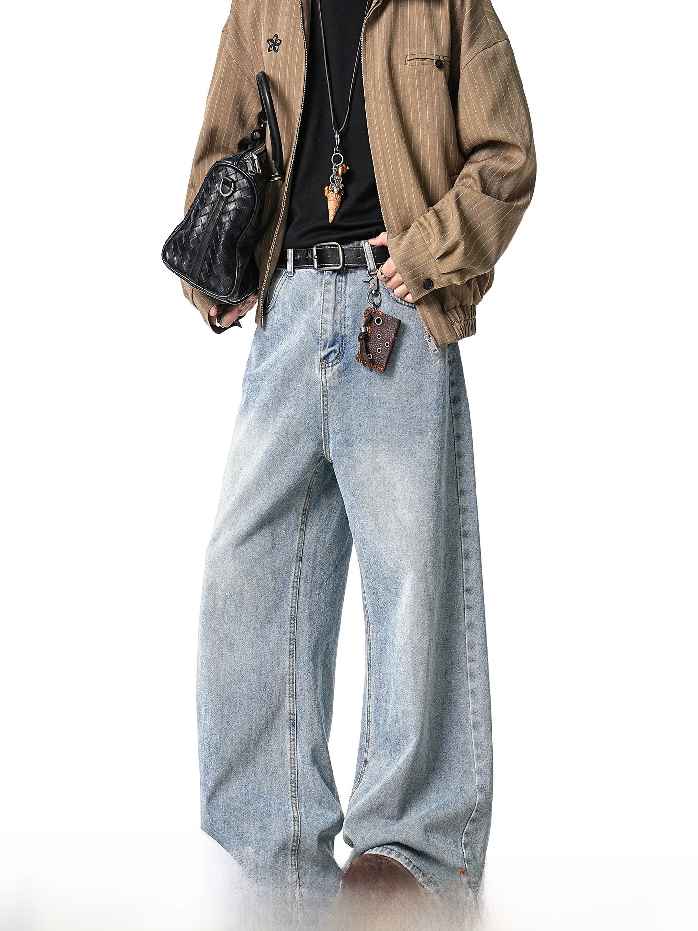 Light Blue Washed Straight Leg Men's Jeans Cleanfit Spring American Style Casual Cotton Polyester Blend Wear Resistant
