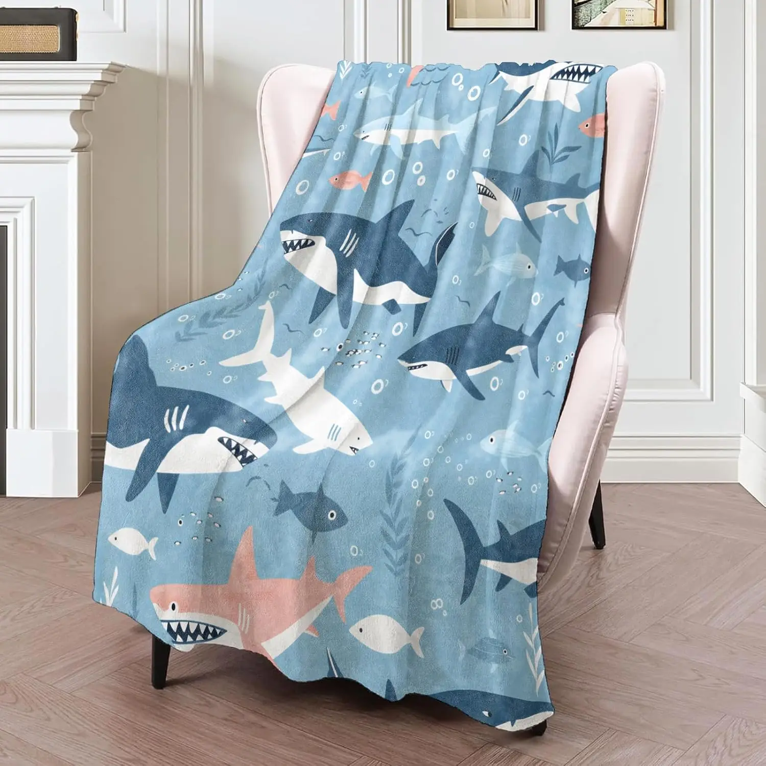 Cute Cartoon Multicolor Shark Small Fish Bubble Seaweed Print Soft Flannel Blanket Kids Ocean Throw for Bedroom Sofa Home Decor