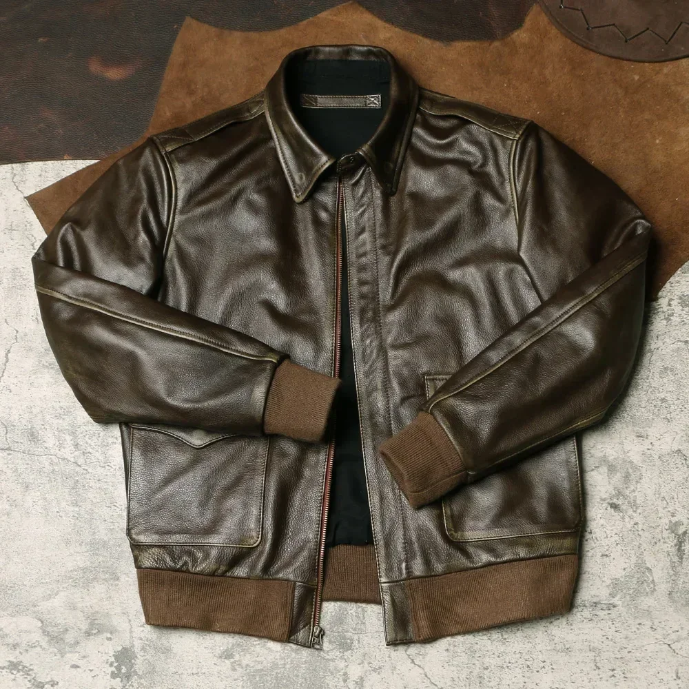 

Tailor BrandoA2 Olive Top Layer Cowhide Leather Jacket Vintage Rubbed Leather Lapel Jacket Men's Flight Suit Leather Jacket