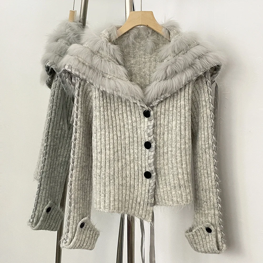 

Short Cardigan Real Fox Fur Knitted Sweater Women Luxury Spring Autumn Top Knitwear Clothing Female Real Fur Knitted Jacket Lady
