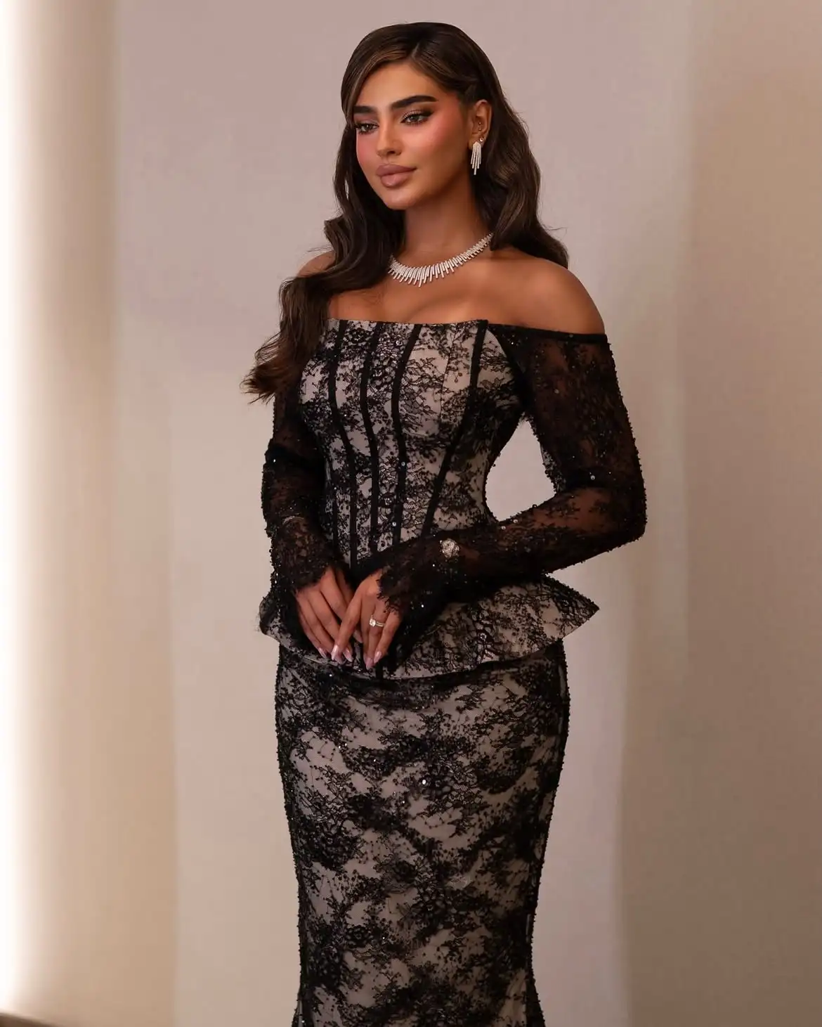 LumiGown 2026 Off Shoulder Black Lace Evening Gown Custom Color Long Sleeve Beaded Corset Peplum Mermaid Formal Party Dress