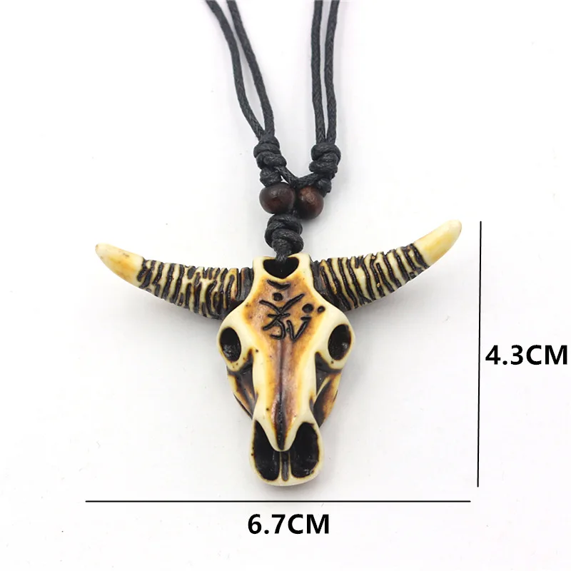 1 Piece Women and Men Resin Animal Ox Head Pendant Necklace Personality Wooden Bead Wax Thread Jewelry Necklace For Men view 4