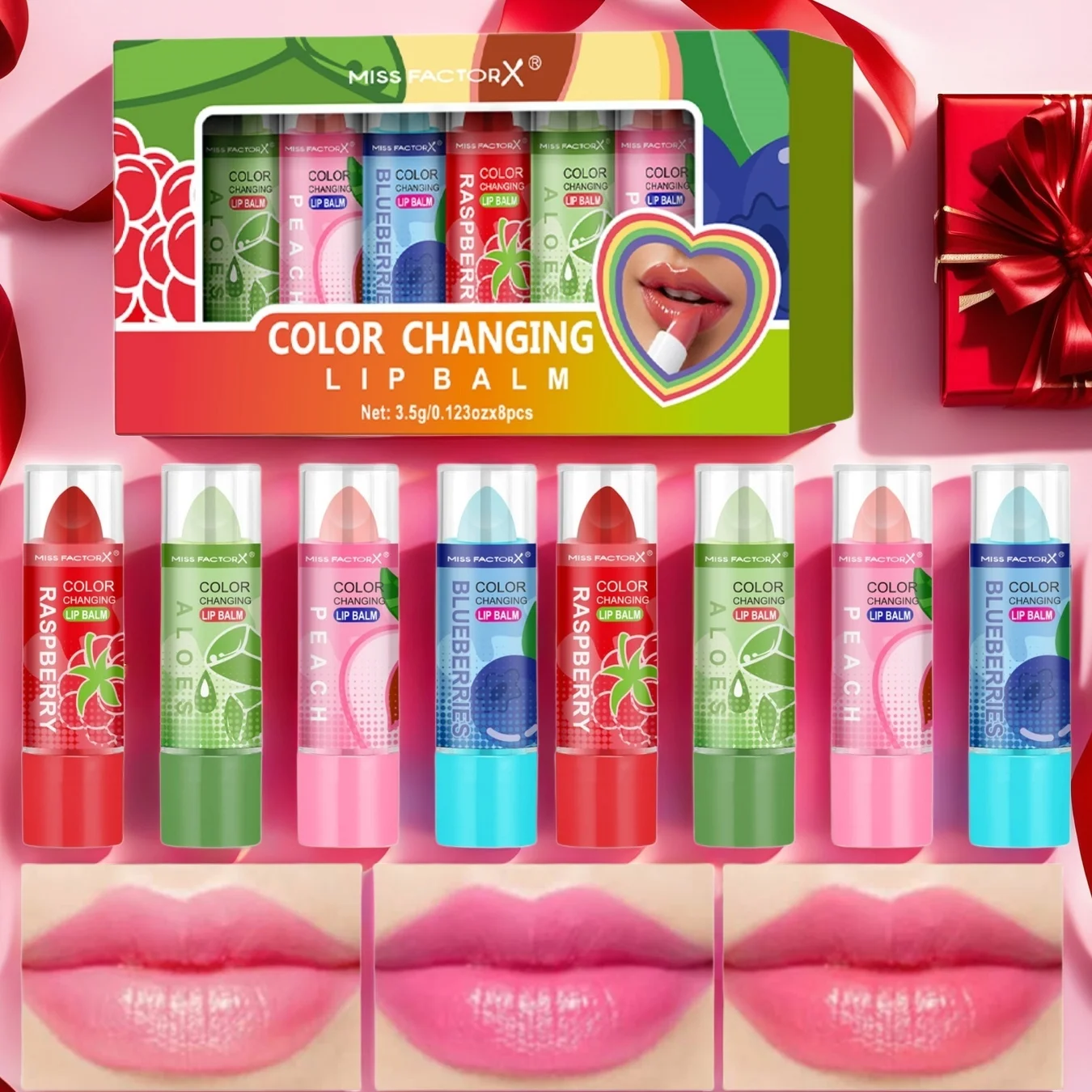 8 Stück getönte Lippenstifte pro Box. Jeweils 1 Typ und 2 Stück haben 4 Geschmacksrichtungen. Lippenstift feuchtigkeitsspendend und nicht leicht zu entfärben