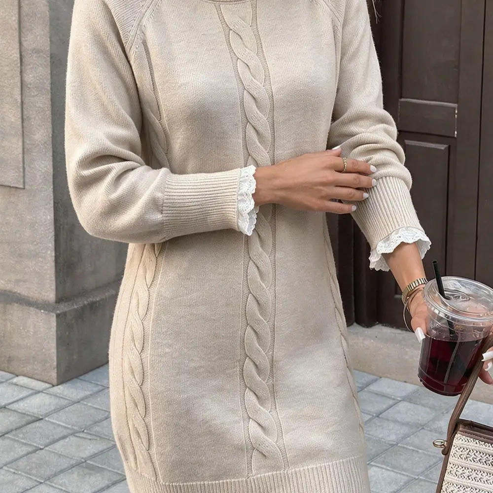 Soft Knit Sweater Dress Women Autumn Winter Lace Splicing Cable Knit Pullover Dress Elegant Slim Fit Casual Mini Dress