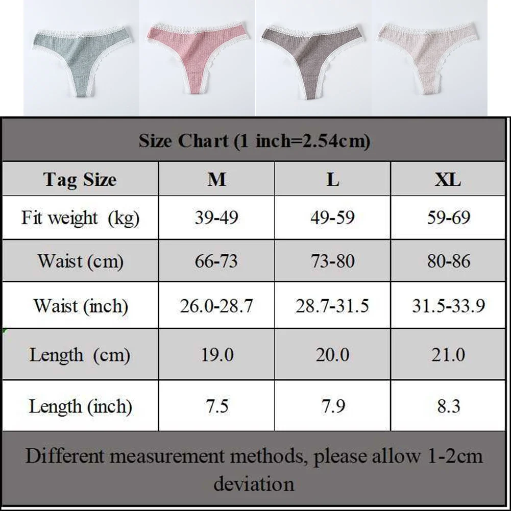 Women Cotton Solid Color Thong Briefs Lace Border Panties Breathable Soft Underwear Bikini Low Rise G-String Underpants