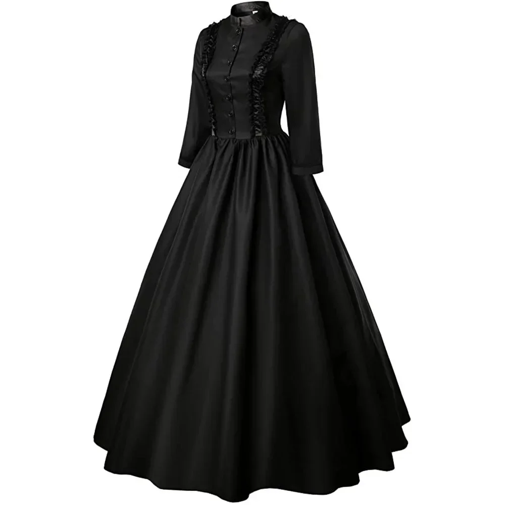 Disfraz de princesa Vintage Medieval para mujer, conjunto de vestido oscilante negro liso para novia, Palacio de Halloween, gótico real, elegante, vampiro, novia