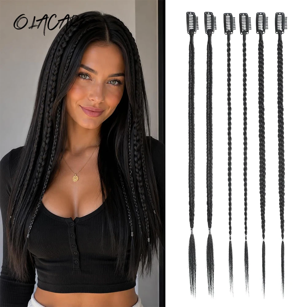 6PCS Clip in Hair Extension for women 20 Inch Natural Black Braid Extensions for Women Synthetic Hairpieces for Daily Use Party