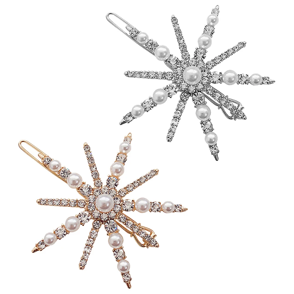 

2 pcs /Set Snowflake Hair Clips Alloy Rhinestone Pearl Elegant Hairpins For Festival Costume Women Men Golden Silver Hair