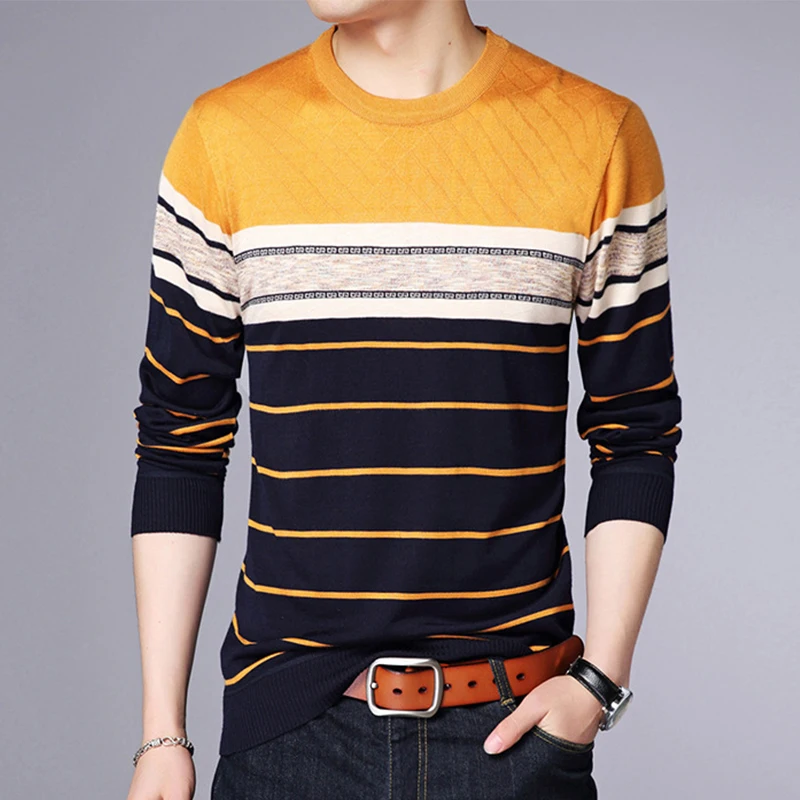 Men\'s Casual Striped Knit Spring and Autumn Long Sleeved Pullover Fashion Top