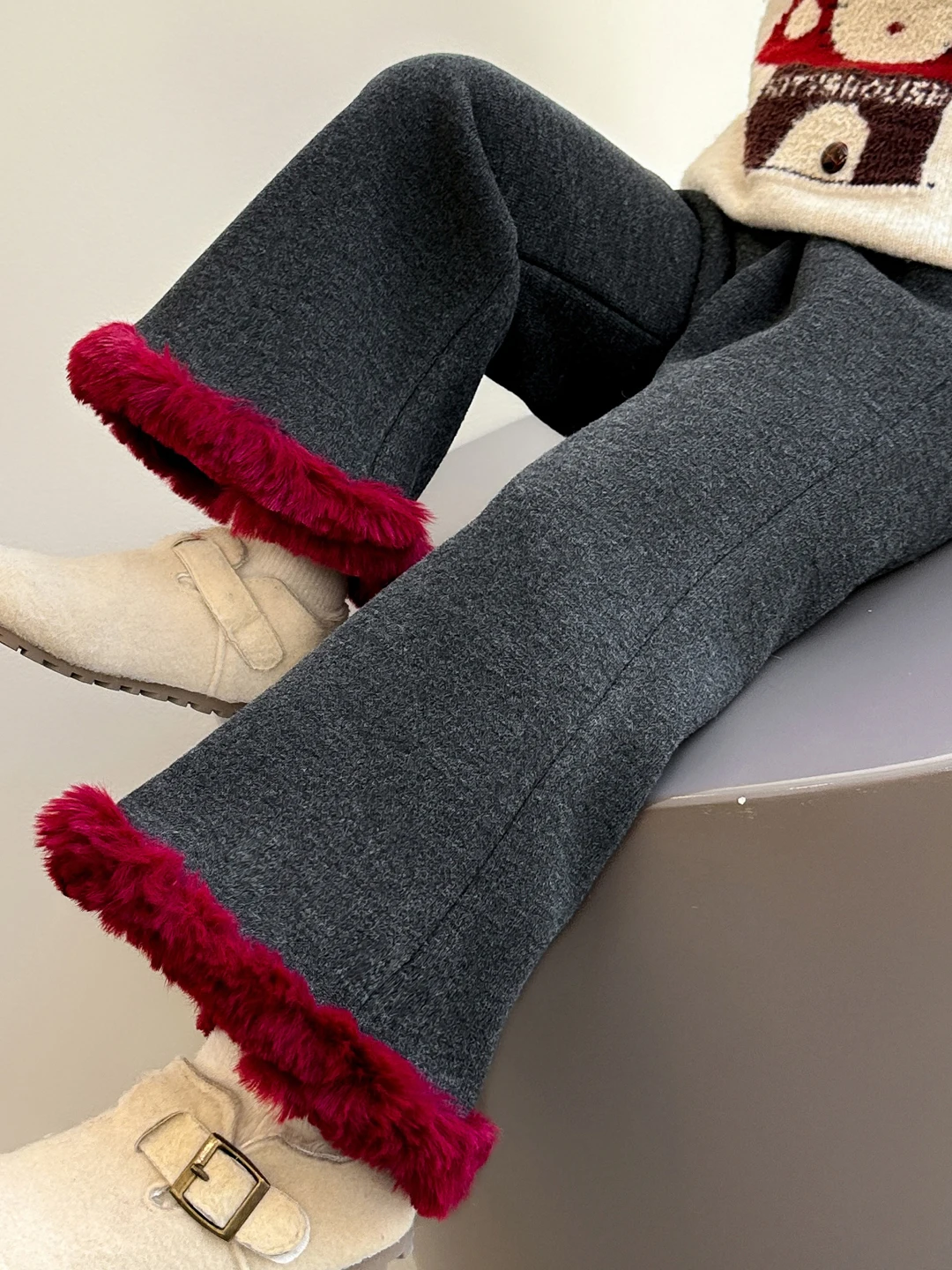 

Girls Winter Fce Lined Pants High Waist Straight Leg Trousers Asymmetric Design Thiened Long Pants for Baby Girls