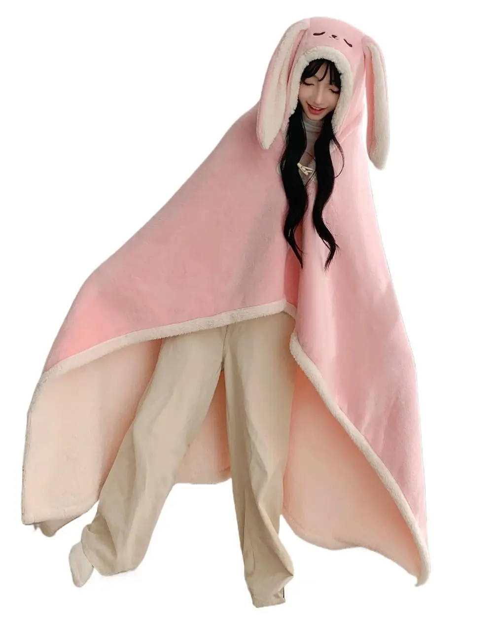 Cartoon Long Bunny Ears Hooded Cape Blanket, Soft Flannel Wearable Throw Blanket, Cozy Rabbit Shawl Blanket Gift