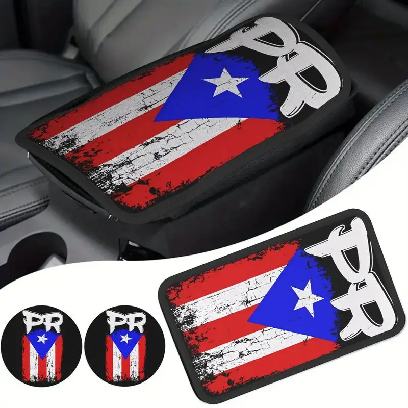 1Pc Car Armrest Cover & 2Pcs Cup Coasters Set | Vintage Distressed Puerto Rico Flag Print For Car Enthusiasts
