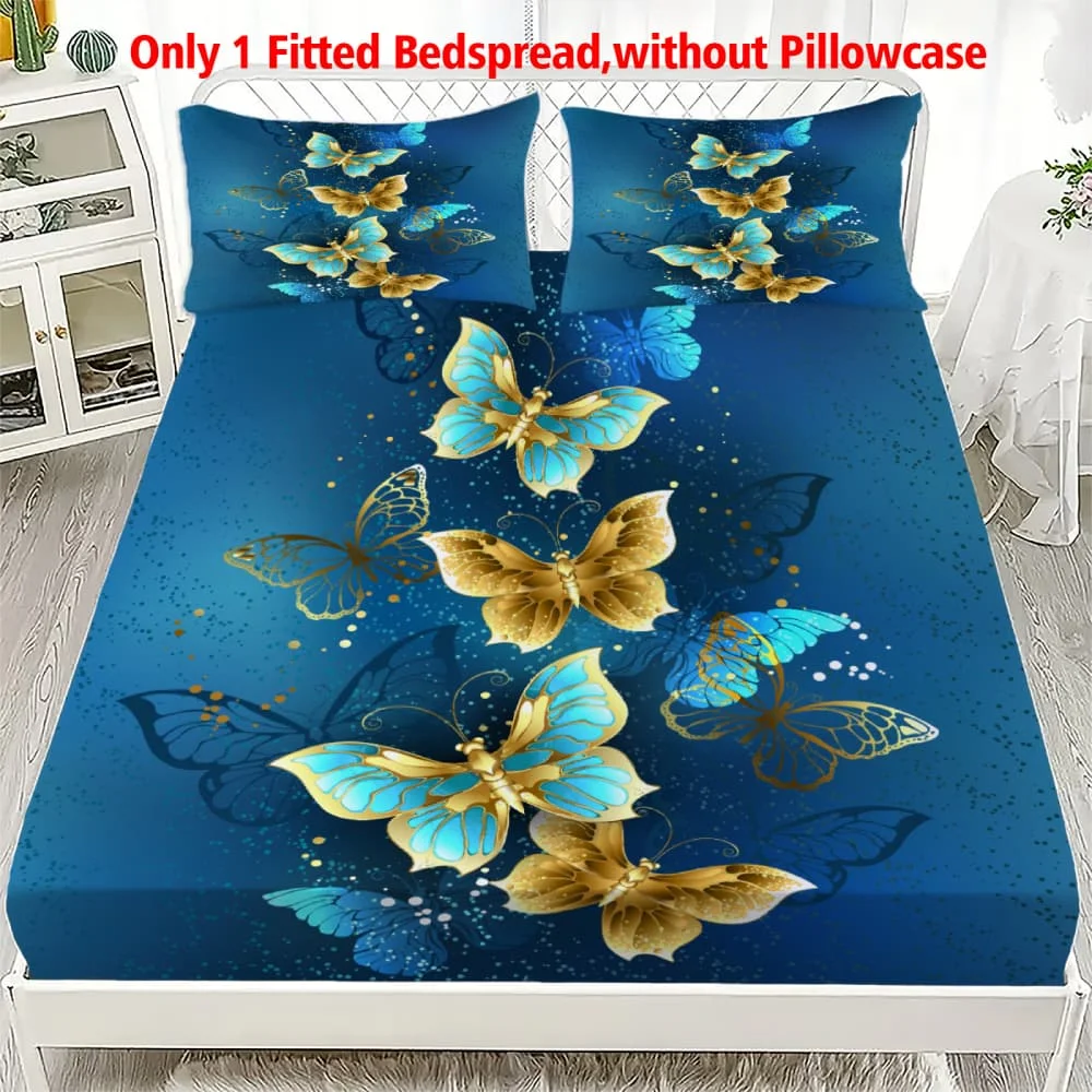 1pc Gold & Turquoise Butterfly Print Fitted Sheet Deep Pocket Elastic Mattress Cover Single Double Queen King Bedroom Decor
