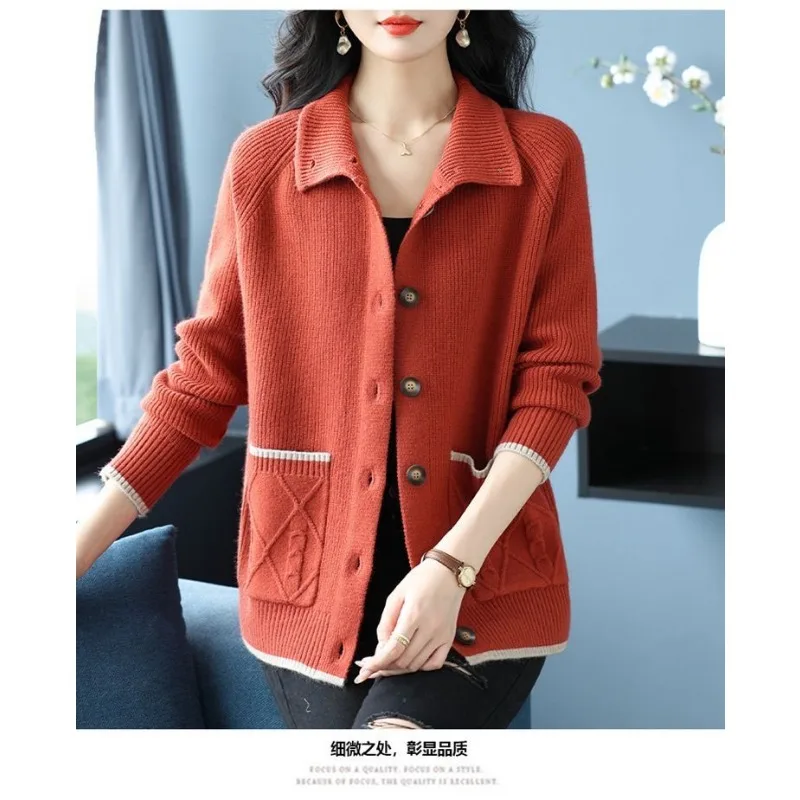 Frauen Neue Gespleißt POLO Kragen Taste Tasche Mode Einfarbig Gestrickte Pullover Lose Top