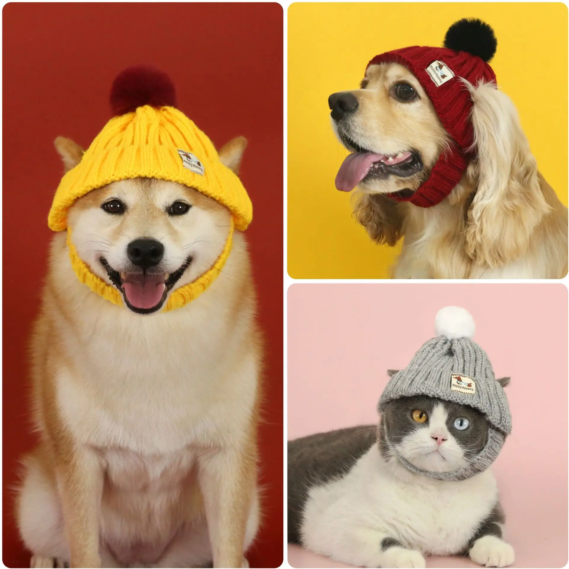 Knitted Dog Hat with Pom Pom Ear Exposed Winter Windproof Pet Cap Warm Knit Puppy Clothing for Small Dogs Christmas Photo Props