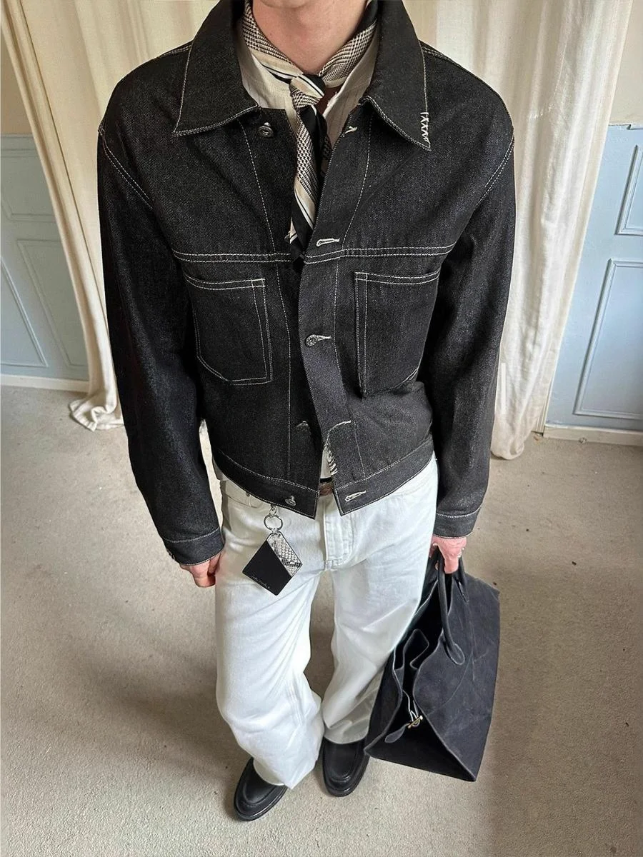 

Ретро-куртка из денима с двойным воротником и карманами, мужская, осенне-зимняя, из смесового хлопка, повседневная верхняя одежда