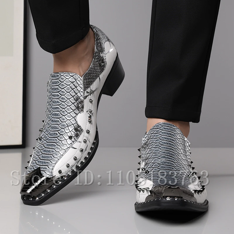 Men Snake Skin Print Pointed Toe Loafers Rivet Studded Color Block Chunky Heel Party Wedding Formal Fashion Dress Shoes