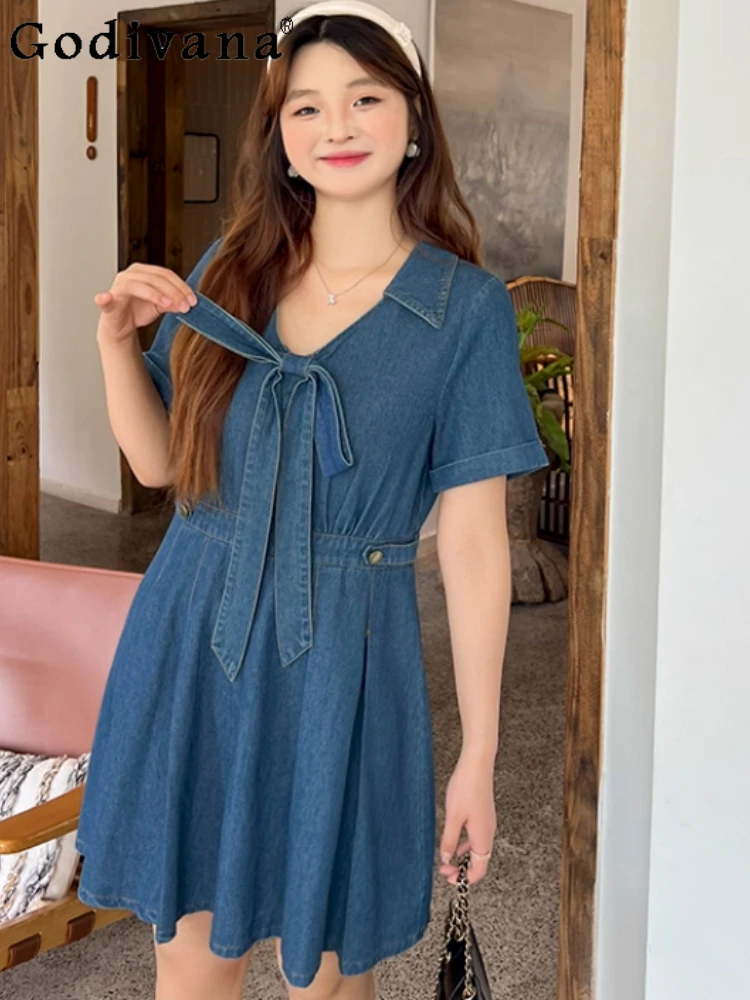 

Large Size Women's Summer Sweet High Waist A-line Retro Denim Dress Temperament V-neck Bow College Style Blue Pleated Dresses