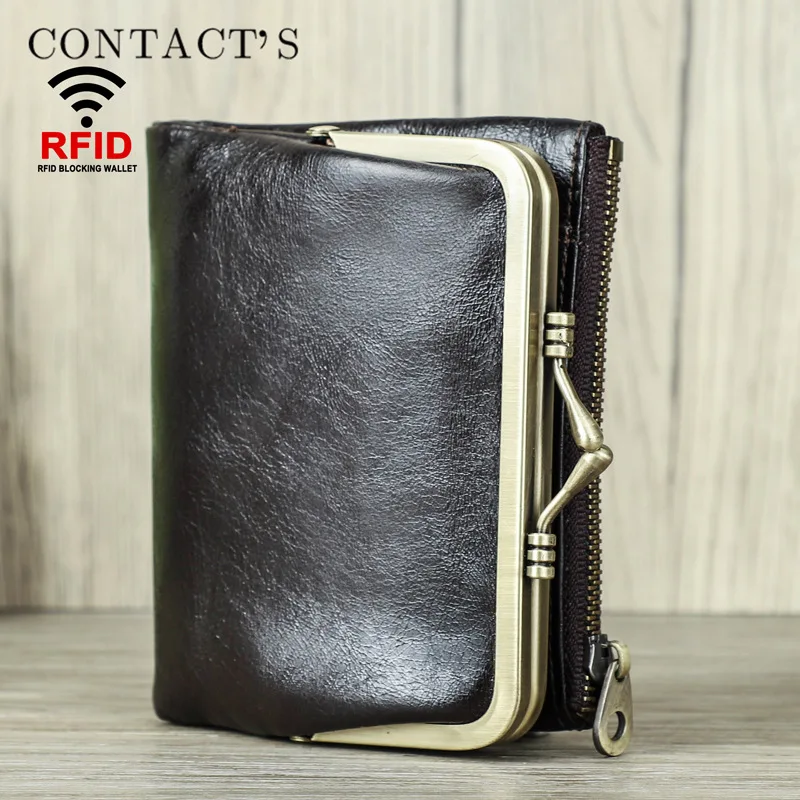 Unisex Genuine Leather Wallet Vintage Oil Wax Leather Card Slots Zipper Coin Pocket Short Foldable Wallet For Men Women