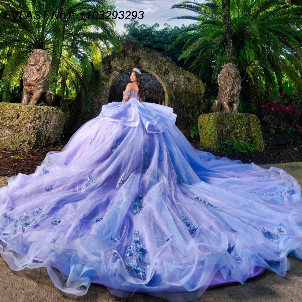 EVLAST блестящее сиреневое платье Quinceanera по индивидуальному заказу, бальное платье с цветочной аппликацией и бисером, корсет Sweet 16, Vestidos De 15 Anos E1QN713