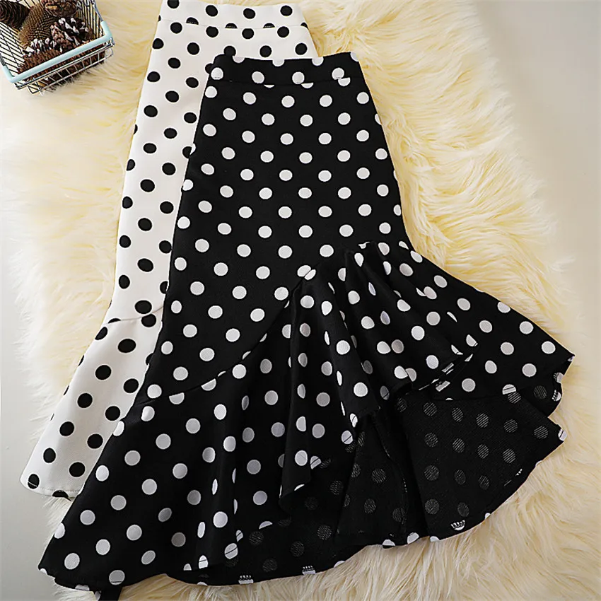 Gowyimmes 2022 Summer Women Irregular Dot Chiffon Skirt Elegant Lady High Waist Ruffle Mermaid Skirts Hip Pakadge Mini PD1298