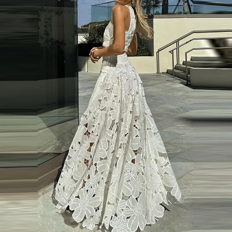 

2025 Lace Hollow Loose Women's 2 Piece Set Fashion O-neck Sleeveless Top with Long Skirt Suit Sexy Exposed Navel Holiday Outfit