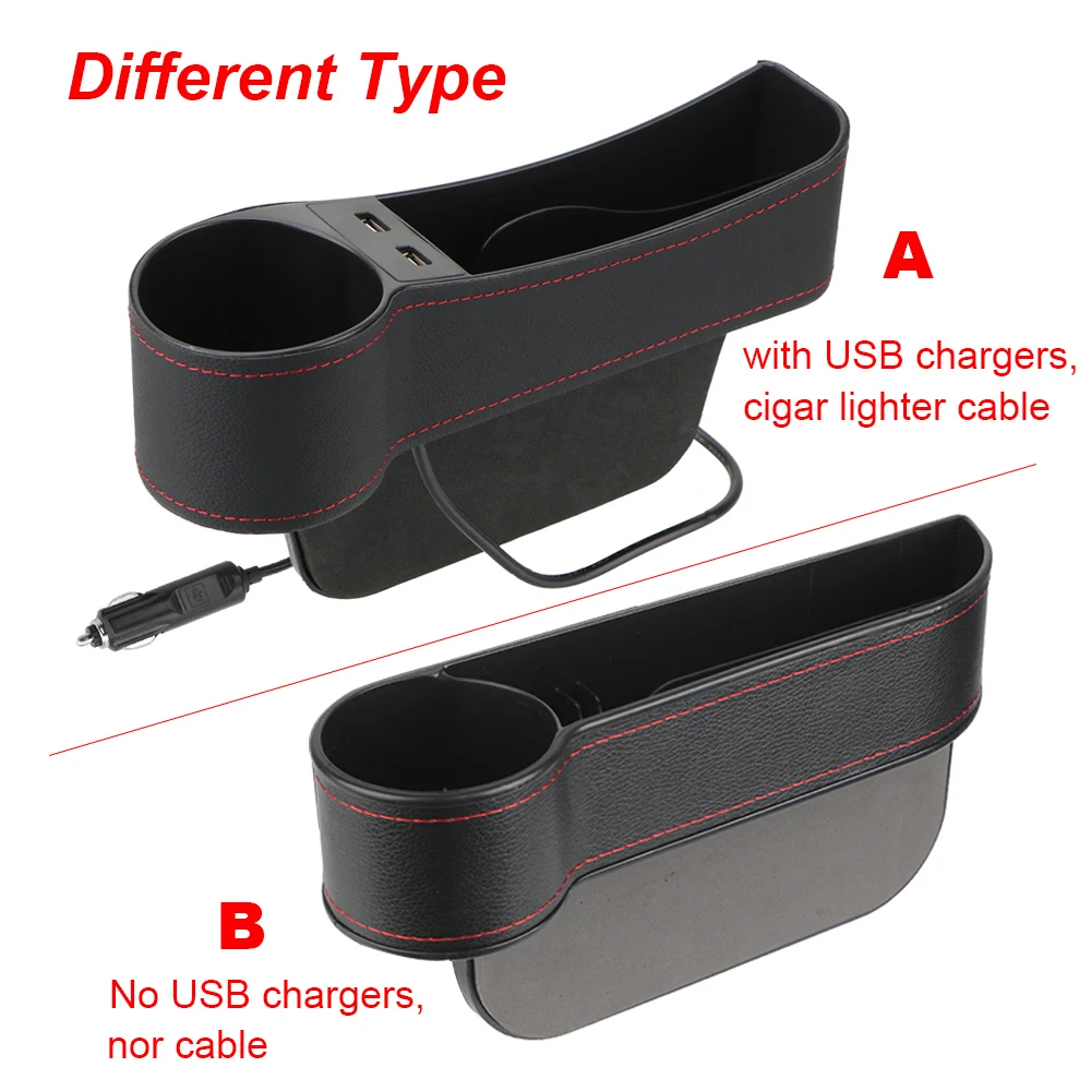 Car Organizer Auto Crevice Pocket Phone Bottle Cups Holder Seat Gap Leather Storage Box Car Accessories,USB Chargers Optional