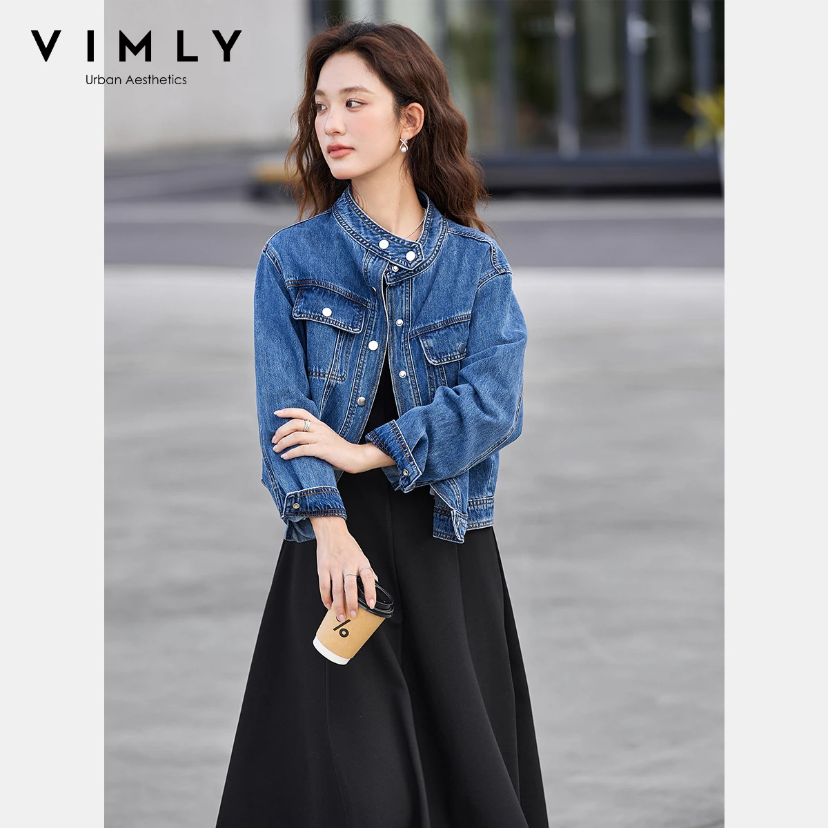 VIMLY Women's Denim Jacket Stand Neck Vintage Autumn 2025 Long Sleeve Button Pocket New in Coats & Jackets Ladies Clothing 75085