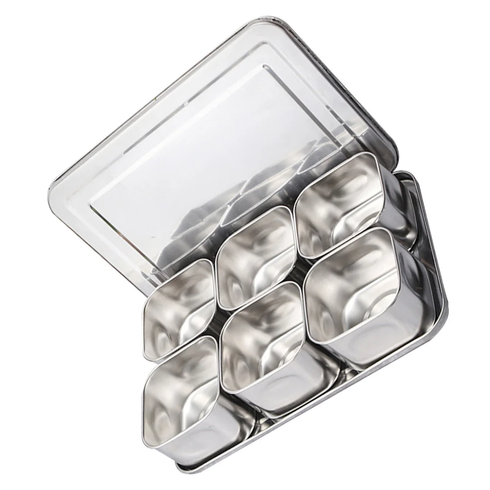 

1 set Six Grids Spice Boxes Stainless Steel Seasoning Containers With Lid Kitchen Canisters For Salt Sugar Pepper Storage