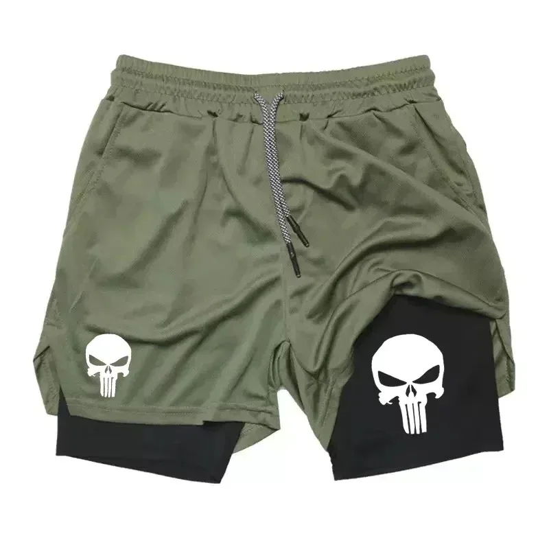 Men 2-in-1 Punisher Skull Gym Shorts Double Layer Compression Quick Dry Running Workout Sports Fitness Running  Shorts