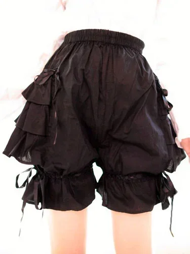 Słodki czarny różowy Lolita Bloomers warstwowe falbany kokarda wstążka bawełniane spodenki Lolita sznurowane spodnie szorty damskie