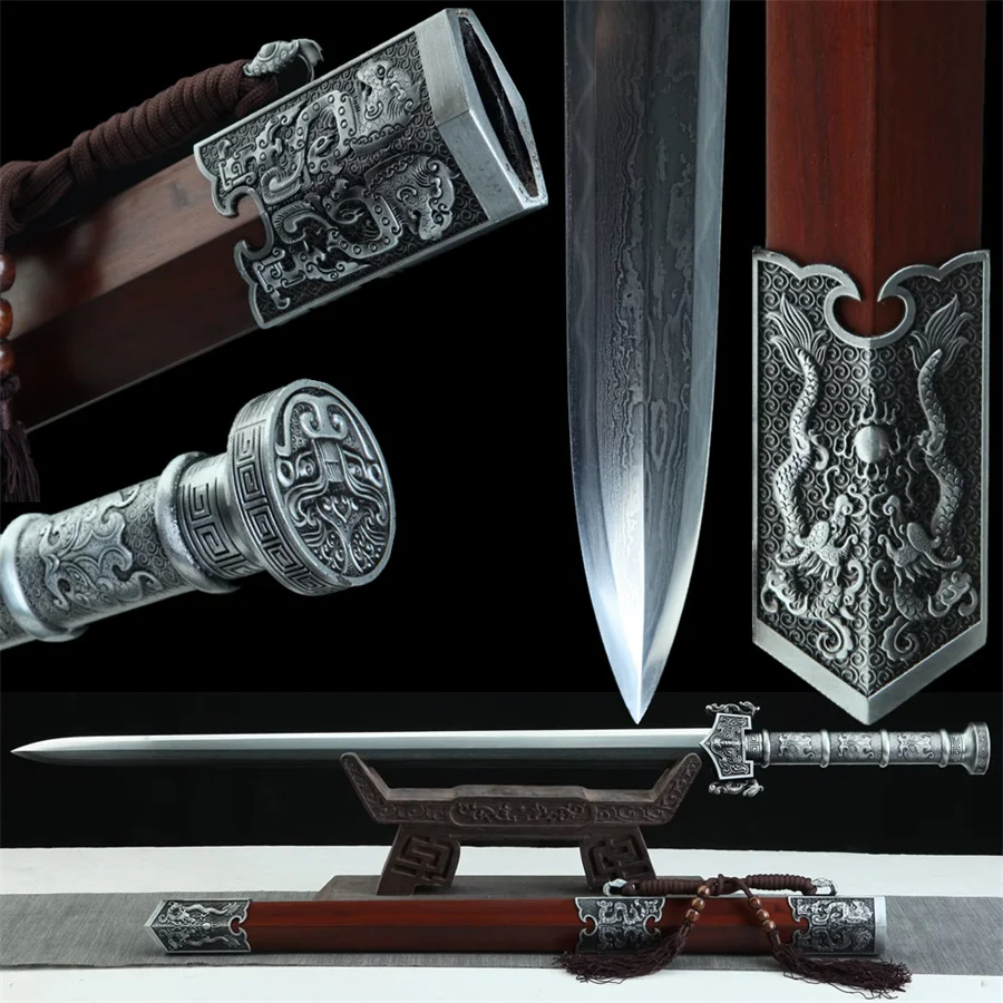 Very Nice Jian Chinese Sword Kungfu Han-Jian Clay Tempered Damascus Steel Blade Redwood Sheath Alloy Fittings Full Tang New