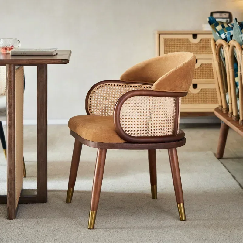 Modern light luxury restaurant chair simple solid wood rattan dining cafe milk tea shop makeup