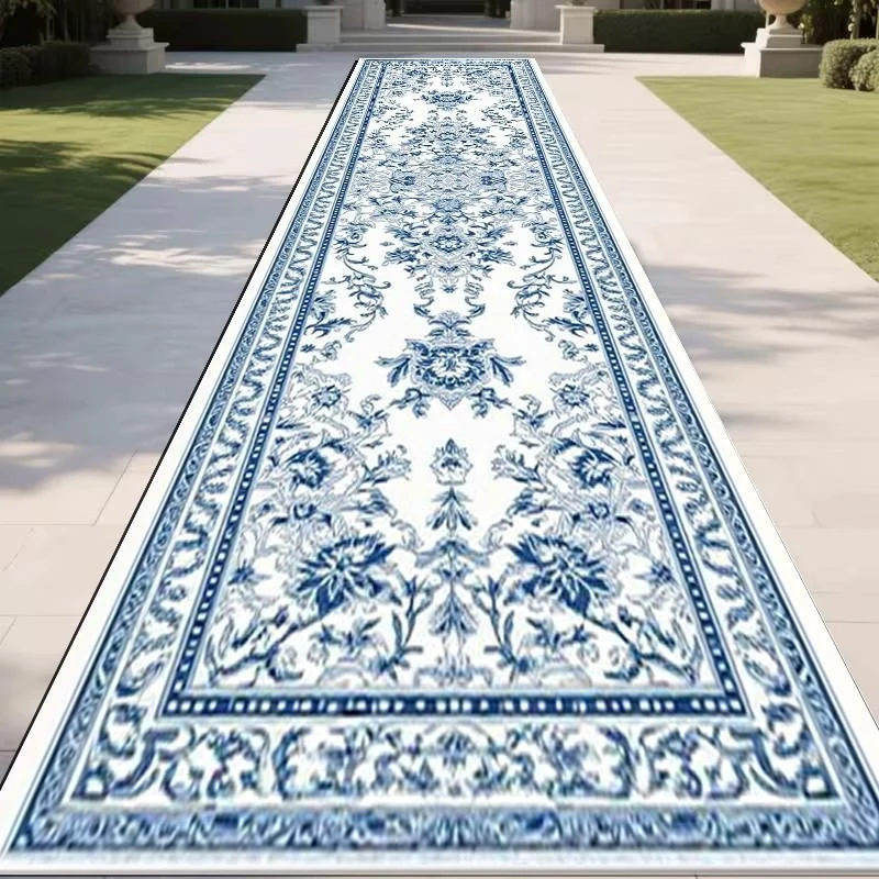 VIKAMA Blue and White Porcelain Floral Print Runner Rug Non Slip Soft Hallway Carpet for Living Room Bedroom Elegant Home Decor