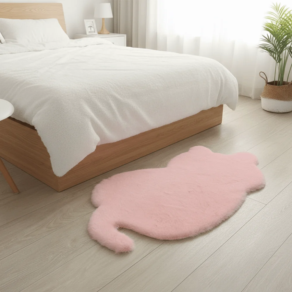 

Bedside Mat Cartoon Faux Rabbit Fur Rug Soft Decorative Cat Shape Rug Solid Color Floor Mat Gifts
