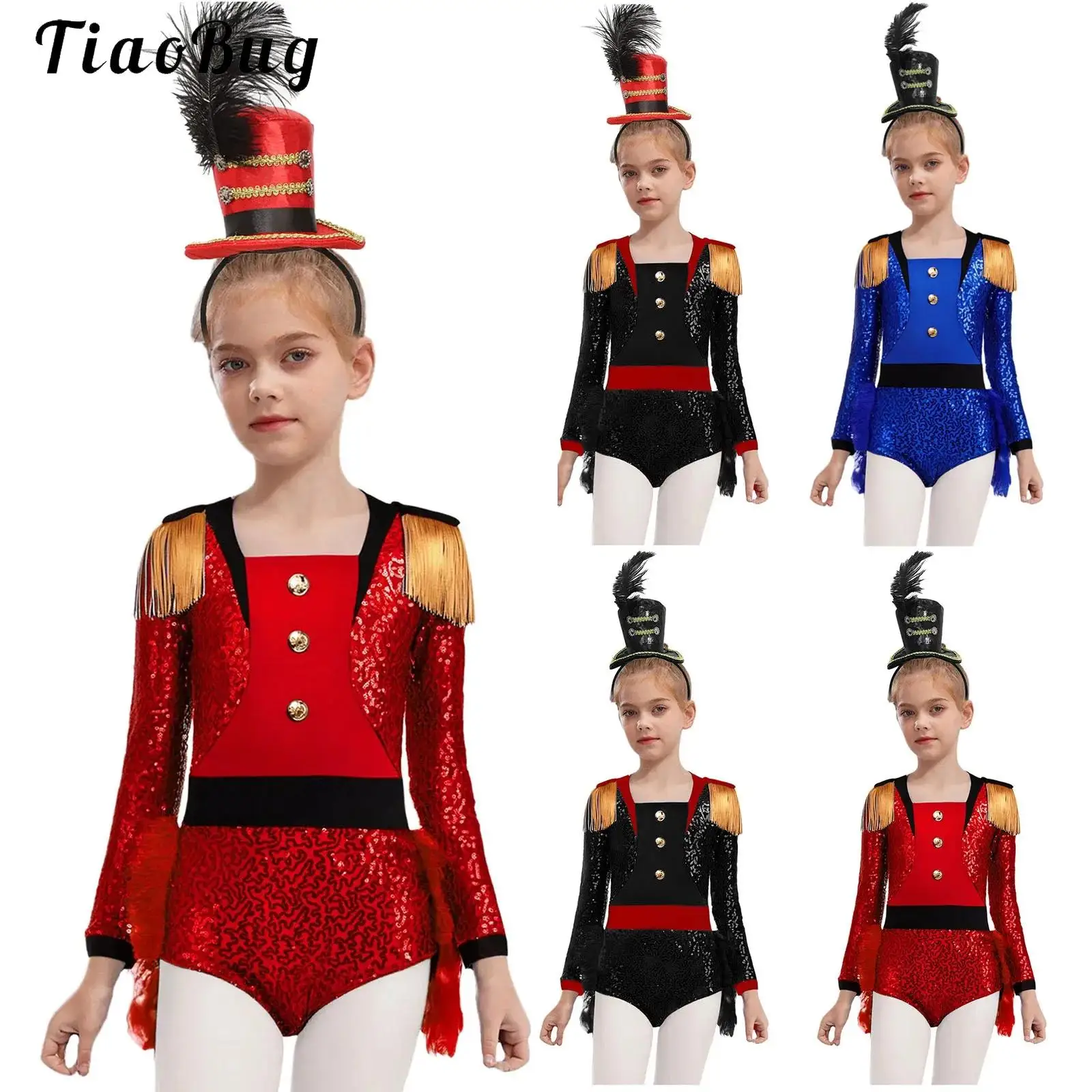 

Shiny Girls Ringmaster Circus Costume Halloween Carnival Performance Dance Leotard Dress Sequins Magician Drummer Bodysuit Set