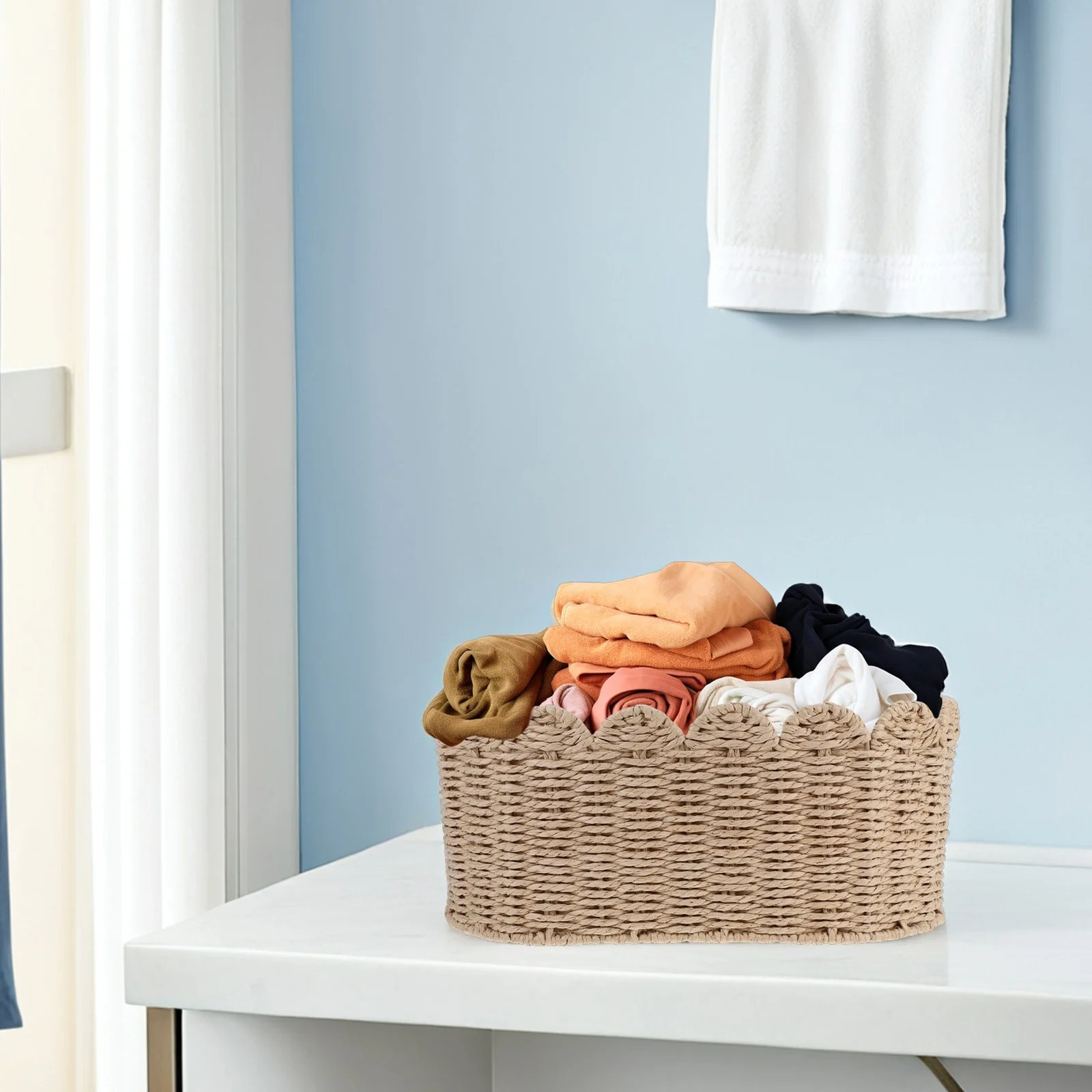 

Paper Rope Woven Storage Basket Fan-Shaped Edge Multifunctional Organizer for Nursery Bedroom Bathroom Living Room Decor