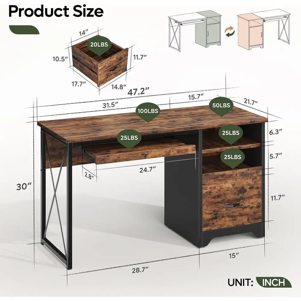 Rustic Brown 47-Inch Desk with Storage and Keyboard Tray for Compact Home Offices