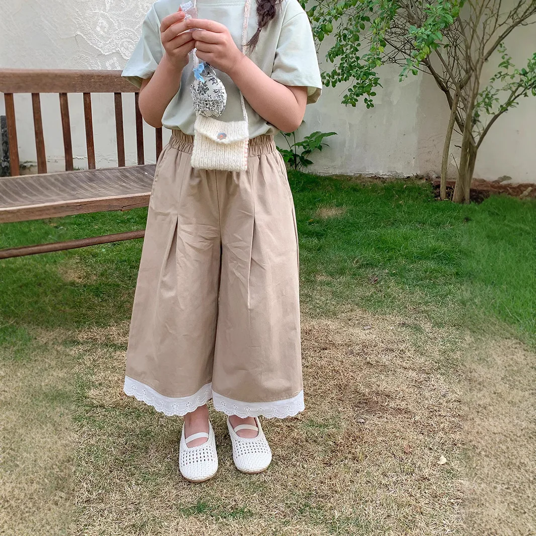 

2025 Spring 2-7 Year Old Girl Child Baby Foreign Style Korean Casual Lace Straight Pants Trousers Wear Wide-leg Trousers