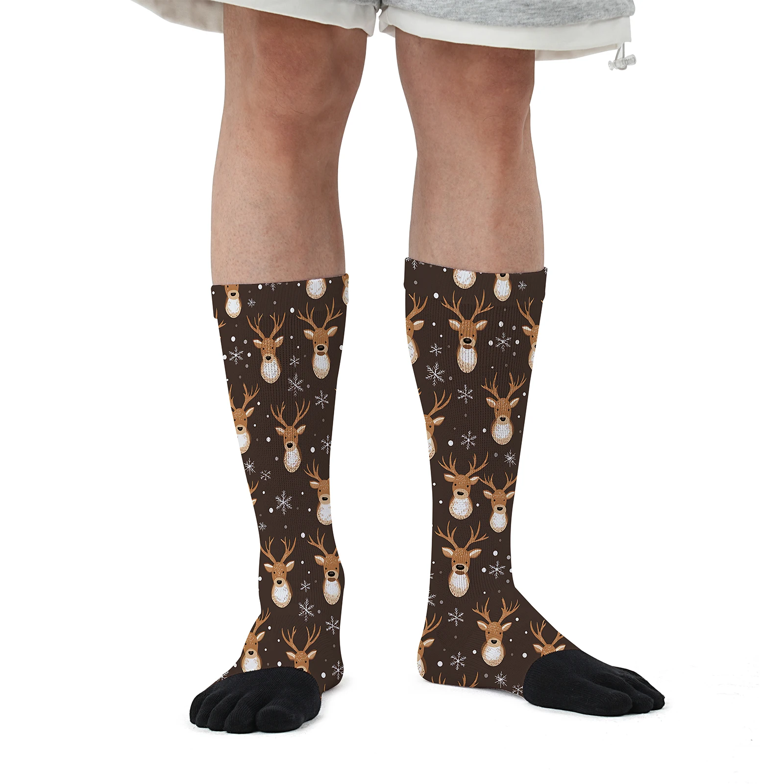 1 pair of Christmas reindeer snowflake print personality mid-tube sports fashion five-finger socks party without distortion