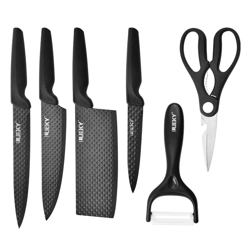 High Quality Kitchen Knife Set 6 Pcs Chef Slicing Cleaver Paring Knife with Scissors and Peeler Gift Box Non Stick Blade Knife