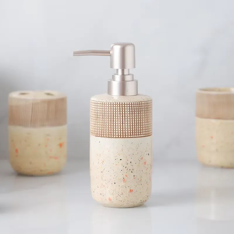 Beige Ceramic Bathroom Set 4 Piece Soap Dispenser Toothbrush Holder Water Cup Soap Dish for Home Hotel Use