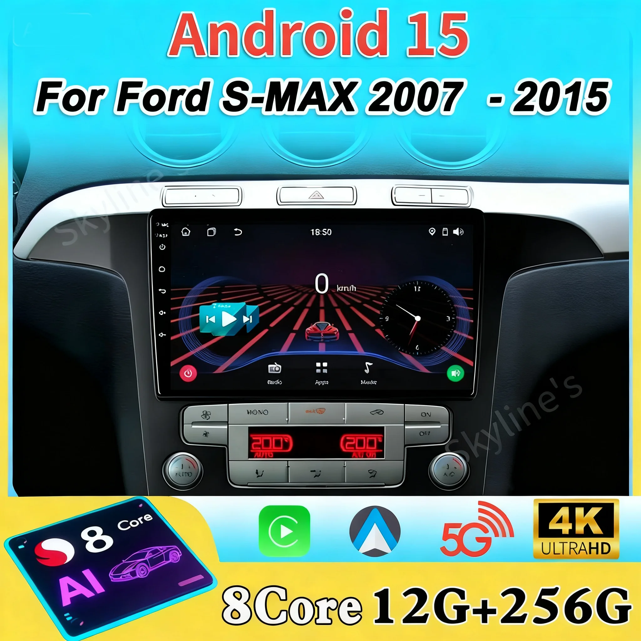 Android 16 Carplay Autoradio For Ford S-MAX 2007 2008 2009 2010 2011 - 2015 GPS Navi  Radio Player Head Unit