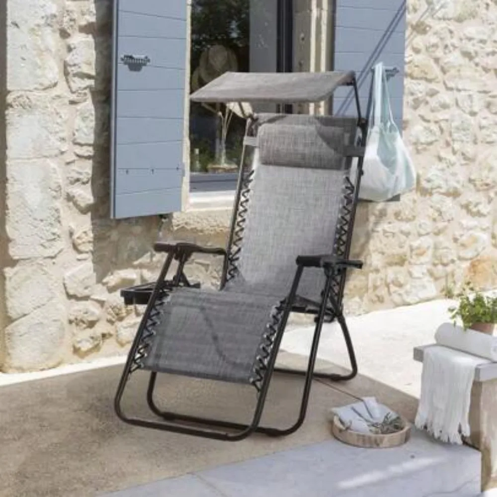 Outdoor Patio Zero Gravity Chair Lounge Recliner with Attachable Sunshade Canopy and Cup Holder, Heavy Duty Steel Frame, 300lb Capacity, Adjustable Locking Recliner for Lawn, Garden, Beach, Pool, Backyard, Extra Large Portable Oversized Seat