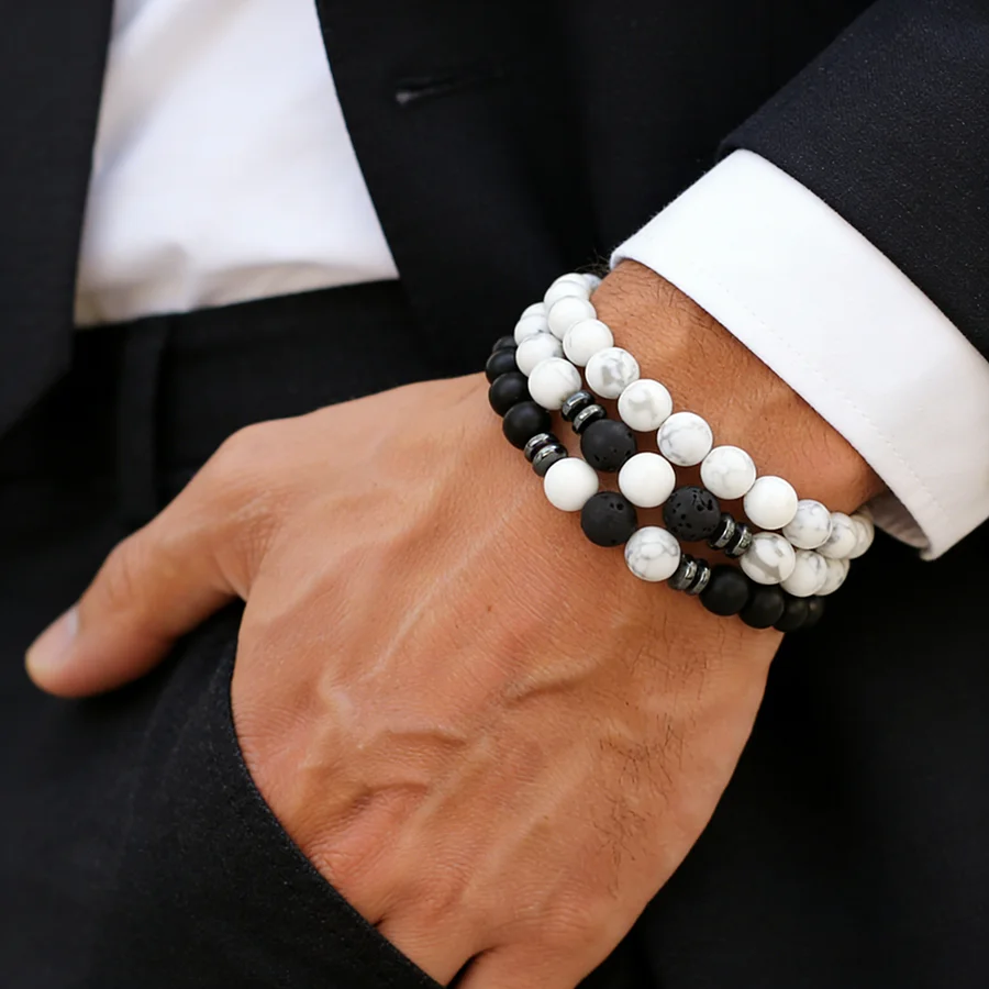 3er-Set Herren-Armbänder aus natürlichem Tigerauge und Lavastein, matt-schwarzes Onyx-Stein-Strang-Armband für Männer, Stressabbau, Yoga