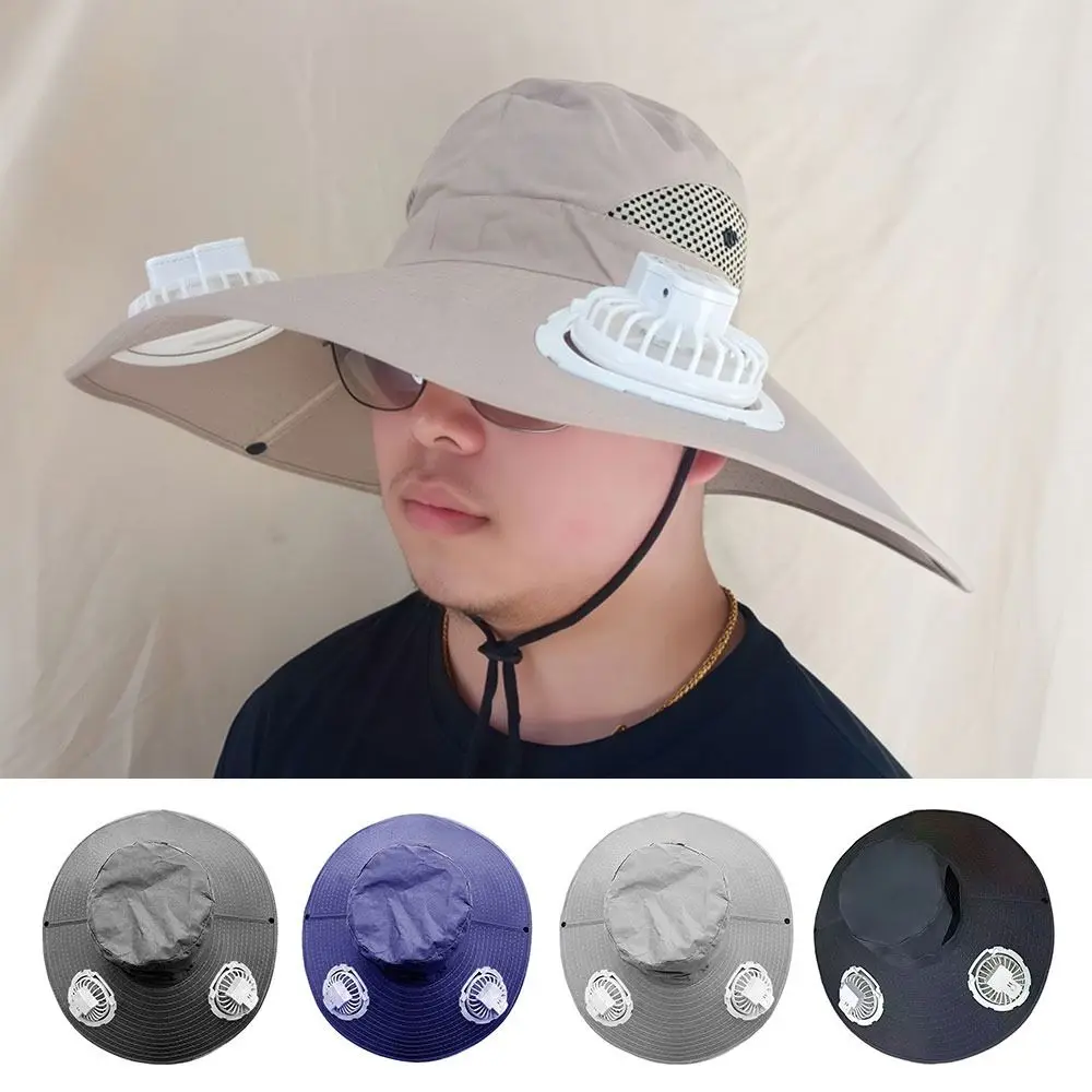

Creative Wide Brim Fan Fisherman Hat with 2 Fan Anti UV Sun Hat Breathable Quick-dry Bucket Hat Summer