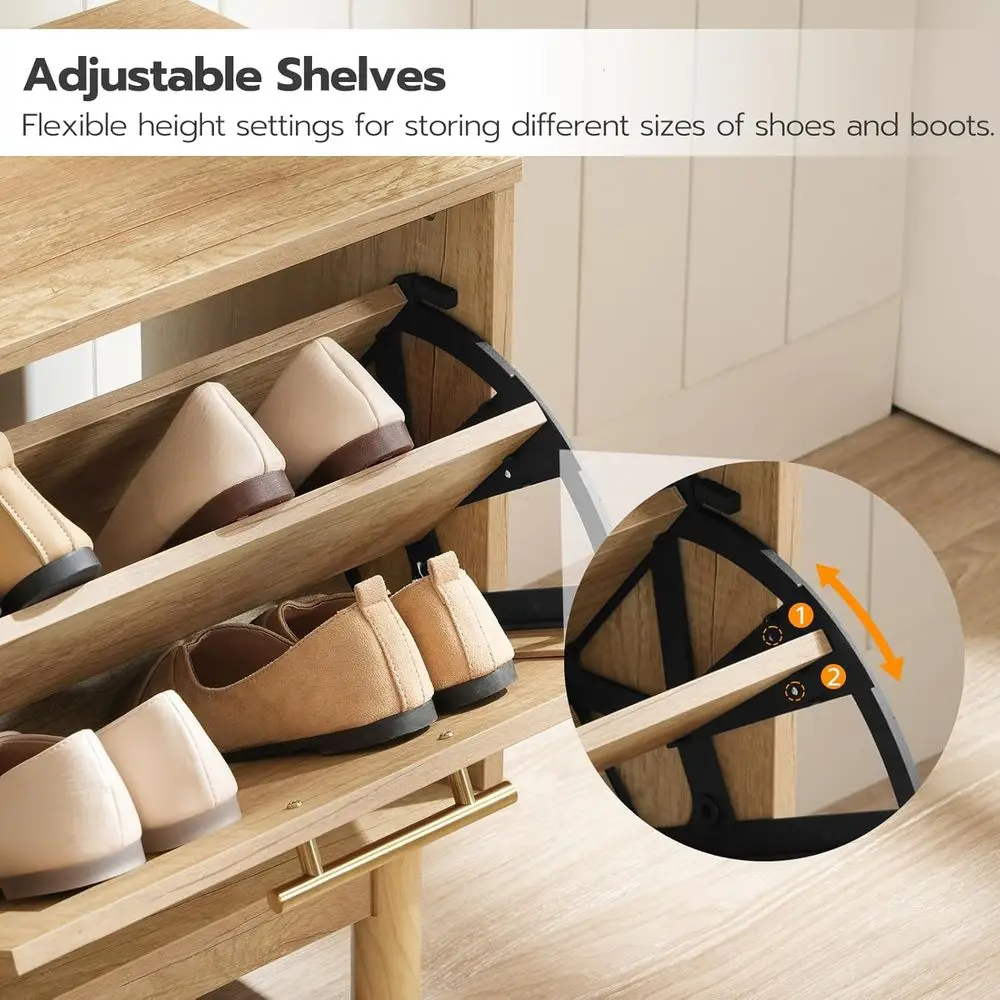 مقعد تخزين أحذية الروطان الضيق مع أدراج قابلة للطي للمدخل والممر، منظم من الخشب الطبيعي NL51HX01