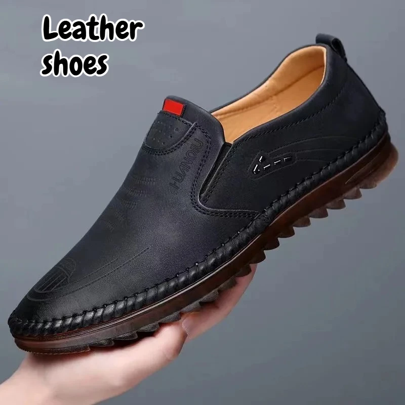 Men's Leather Casual Shoes Soft Sole Breathable Lightweight Fashion Textured Driving Shoes Comfortable Non-slip Loafers for Men