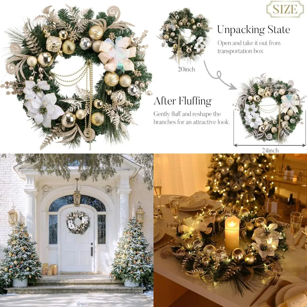 

Valery Madelyn 24'' Pre-Lit Christmas Wreath for Front Door with Light, Large Lighted Outdoor Christmas Wreath with White Gold X
